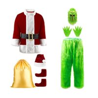 Set of 8 Green Santa Costumes for Men Woman Halloween Furry Santa Suit with Mask Christmas Cosplay Outfit Size L