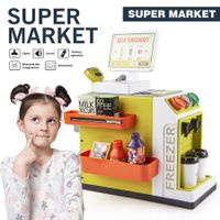 Mini Supermarket Playset with Lights and Sounds Coffee  Fridge Stations Pretend Play Money, Calculator, Scanner, Credit Card Preschool Gift for Boys Girls