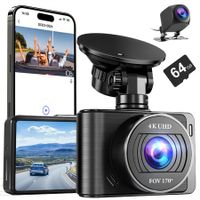 Dash Camera,4K/1080p Dash Cam Front Rear Built-in WiFi,with 64GB SD Card,Full HD 2.0In IPS Screen Dash Camera for Cars with App Control,G-Sensor,Loop Recording,Parking Mode