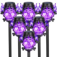 Spooky Skulls Purple Solar Torch Lights,Solar Halloween Lights Outdoor,Halloween Decorations Outside for Yard Pathway Lawn Party,Purple Light 6Pack