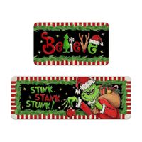 Christmas Believe Kitchen Rugs Set of 2, Xmas Gifts Green Kitchen Mats Decor, Red White Stripes Holiday Door Mat Home Decorations 40*120cm+40*60cm