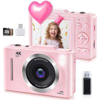 Digital Camera,FHD 1080P Kids Camera Digital with 16x Zoom Anti Shake,32GB Card,4K 48MP Portable Compact Point and Shoot Cameras,Vintage Small Camera,Pink