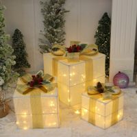 Set of 3 Christmas Light Gift Boxes Decorations LED Light Up AAA Battery Power Tree Ornament Indoor Outdoor Holiday Party Home Yard Size 15CM 20CM 25CM