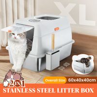 2in1 XL Cat Litter Box Kitty Enclosed Stainless Steel Potty Pan Semi Covered Toilet Modular Tray High Sided Furniture with ABS Lid Carbon Filters