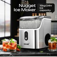 Maxkon Nugget Ice Maker Countertop Portable Compact Pebble Pellet Machine Crusher 15kg for Home Kitchen Office with Handle Silver