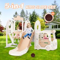 5 in 1 Slide Swing Set Kids Climber Ladder Steps Bus Playhouse Basketball Hoop Activity Playground Centre Indoor Outdoor Playset Toy