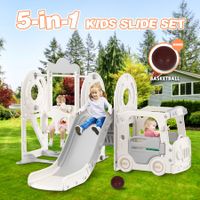 5 in 1 Slide Swing Set Kids Ladder Climber Steps Bus Playhouse Basketball Hoop Playground Activity Centre Playset Indoor Outdoor Toy