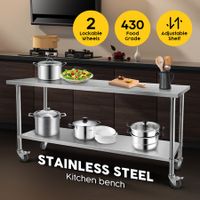 Kitchen Work Bench Stainless Steel Countertop Food Prep Table Island Cart Rolling Trolley with Wheels Benchtop Storage 430 Commercial 182.9x61cm