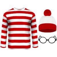 Cosplay Costumes,Red and White Striped Shirt,Christmas Halloween Shirt with Glasses Frame and Hat (Size:Small)