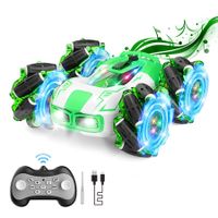 Remote ControlDrift Stunt Car 2.4 GHz 4WD Double-Sided 360 Degree Rotating RC Crawler with LED Lights Music Spray-Green