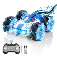 Remote ControlDrift Stunt Car 2.4 GHz 4WD Double-Sided 360 Degree Rotating RC Crawler with LED Lights Music Spray-Blue