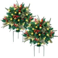 Lighted Artificial Christmas Urn Filler,Pre-lit Xmas Pine Trees with Cones,Golden & Red Berries,Tripod Stake and 60 LED Lights,Outdoor Light Up Planter Filler Holiday Home Decor,2 Pack