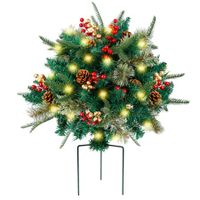 Lighted Artificial Christmas Urn Filler,Pre-lit Xmas Pine Trees with Cones,Golden Red Berries,Tripod Stake and 60 LED Lights,Outdoor Light Up Planter Filler Holiday Home Decor,1 Pack