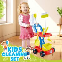 Toy House Cleaning Playset 8pcs Kids Pretend Imagination Role Trolley Cart Floor Mop Cleaner Broom Brush Dustpan Bucket Spray Bottle