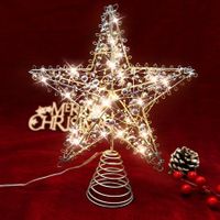 Christmas Star Tree Topper with 20 LED Lights,Battery Operated 9 Inch Metal Hollow Design,Easy-to-Install Christmas Tree Decorations,Silver