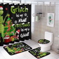 4 Piece Sets Christmas Shower Curtain,Non-Slip Rugs,Toilet Lid Cover and Bath Mat with 12 Hooks for Bathroom Decor