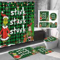 4 Pcs Christmas Grinch Shower Curtain Rug Bath Mat Toilet Lid Cover for Bathroom Decorations