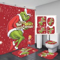 4 Pcs Christmas Grinch Shower Curtain Rug Bath Mat Toilet Lid Cover for Bathroom Decorations