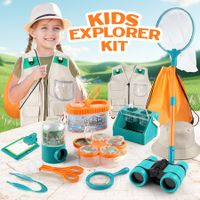 Kids Outdoor Explorer Kit Bug Catcher Binoculars Magnifying Glass Butterfly Net Safari Vest Hat Costume Drawstring Bag