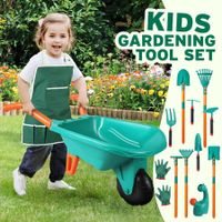 Kids Garden Tool Toy Playset Wheelbarrow Rake Hoe Shovel Plough Trowel Watering Can Gardening Gloves Apron Outdoor Educational Learning