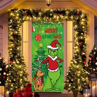 Grinch Merry Christmas Door Cover Decorations,  Backdrop Front Door Decor Porch Banner Sign for Indoor Outdoor Party Supplies