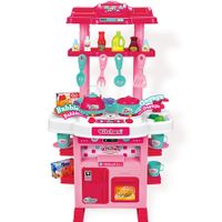 60 Piece Pink Kitchen Playset with Real Sounds and Light Kids Pretend Food Toy Accessories Set for Outdoor Play