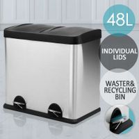 Modern 48 Litre Rectangle Pedal Rubbish Bin with Stainless Steel Body & Plastic Flip-Top Lids - 2 Separate Compartment