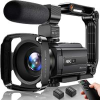 48MP UHD 4K Video Camera Camcorder with WiFi,16X Digital Zoom,Night Vision,Touchscreen,Microphone,Handheld Stabilizer,Lens Hood,Remote,2 Batteries for Professional Vlogging and Content Creation