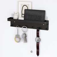 Decorative Wall-Mounted Key Holder with Mail Organizer, Tray, and 6 Stainless Steel Hooks in Black