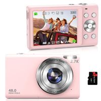 2.7K Vlogging Digital Camera with Auto Focus: HD 48MP, 16X Zoom, 32GB Card, Perfect for YouTube, Kids, Teens, and Beginners (Pink)