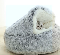 Cozy Round Plush Cat Bed with Hood for Indoor Cats and Small Dogs, Soothing and Anti-Anxiety, Waterproof Bottom, Washable (50cm, Grey)