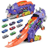 City Triceratops Toy Car Race Track Set with 12 Metal Cars Transforms into Stomping Standing Ultimate Hauler for Kids Ages 3+