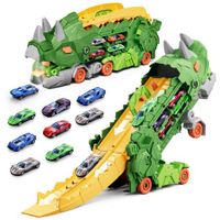 City Triceratops Toy Car Race Track Set with Metal 12 Cars Transforms into Stomping Standing Ultimate Hauler for Kids Ages 3+