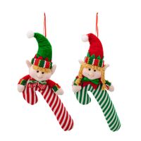 2 PCS Elf Themed Christmas Ornaments Set Fabric Crutch Pendants Simulated Candy Canes and Elf Dolls