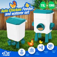 Chicken Bird Feeder Waterer Set 12kg 11L Automatic Food Water Dispenser Auto Chook Poultry Gravity Fed Feeding Drinking Coop Fence Rat Proof