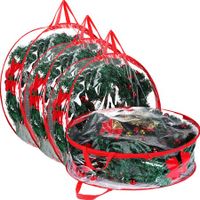 4 Pieces Clear Christmas Wreath Storage Container 24 Inches Xmas Wreath Storage Bag Plastic Christmas Garland Container with Dual Zippers and Reinforced Handles (Red)