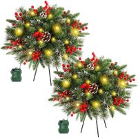 2 Pack Prelit Artificial Christmas Trees Lights, Christmas Tree Pathway Lights with Stake Red Berries Pinecones Xmas Lights