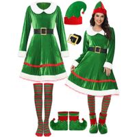 5 Pack Women Christmas Elf Costume Set Velvet Dress Belt Striped Over Knee High Socks Elf Hat Shoes for Cosplay (Size:3X-Large)