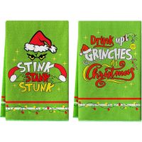 Merry Christmas Kitchen Dish Towel Set of 2, Grinch Christmas Hand Drying Baking Cooking Cloth, Winter Holiday Xmas Decor Home Decorations