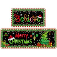 Christmas Kitchen Floor Rugs Kitchen Mat Set of 2, Merry Christmas Green Kitchen Decorations Indoor, Non Slip Soft Washable Mats (40*60+40*120cm)