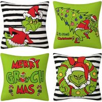 Set of 4 Christmas Decorative Throw Pillow Covers Merry Grinchmas Ho Ho Stripe Christmas Decorative Cushion Case for Home Decor 18 x 18 Inches