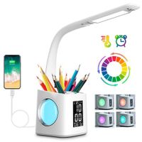 LED Desk Lamp with Clock, Color Changing Nightlight Pen Holder,Desk Light with USB Charger,Table Light for Home,Office,Bedroom-White