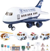 Airplane Toy Mini Car with Road Sign For Kids Age 3 to 8 , 2 in 1 Light Effect, Music Play, Play House Set, Shockproof, Interior, Blue