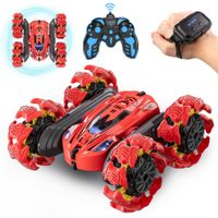 2.4GHz 4WD Remote Control Gesture Sensor Toy Car Double Sided Rotating RC Car with Light and Music, Great Gift for 4-12 Year Old Kids (Red)