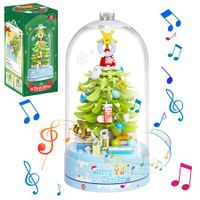 Christmas Tree Building Blocks Music Box Set with Dust-Proof Dome,Xmas Holiday Construction Toy Gift,Home Decor (Snow Christmas Tree)