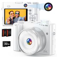 4K Digital Camera 64MP Vlogging Camera with Dual Cameras 16X Digital Zoom 4K Compact Travel Video Camera with 32GB SD Card,2 Batteries,Anti-Shake (White)