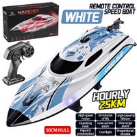 2.4GHz Remote Control Boat, 25KM/H High Speed Racing Jet Boats Gift Toy with LED Light for Pools Lakes River (White Blue)