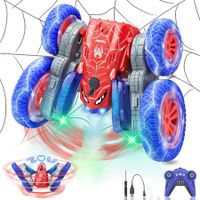 Spider Remote Control Car, 360 Degree Rotating RC Stunt Car with 4 LED Texts Headlights and Spray, 2.4Ghz 4WD Double Sided Flip RC Car Toys