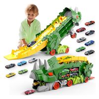 Dinosaur Truck Toys for Kids, Transforms into Triceratops with Race Track Set Toys for Boys 3 4 5 6 7 8 Years Old Green