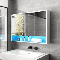 White Bathroom Mirror Cabinet Medicine Shaver Shaving Wall Storage Cupboard Organiser Shelves Furniture with LED Lights Doors 90x13x75cm